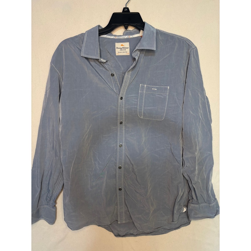 Tommy Bahama Mens XL Button Down Shirt Blue Tencel Cotton Long Sleeve